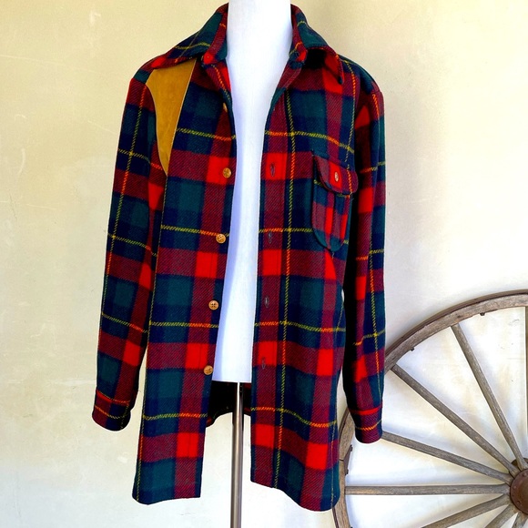 LOBO by PENDLETON Virgin Wool Red Tartan Plaid Suede Shooter Patch Men’s M USA!! - Picture 7 of 13